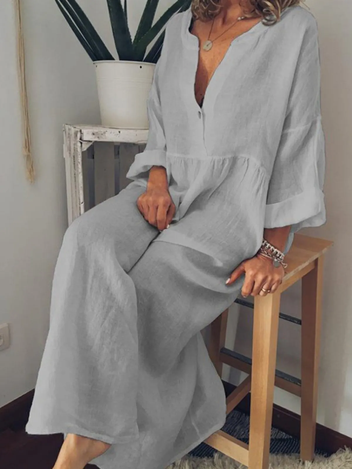 Lässiges langes Baumwollkleid für Damen in Unifarben-Mode & Komfort