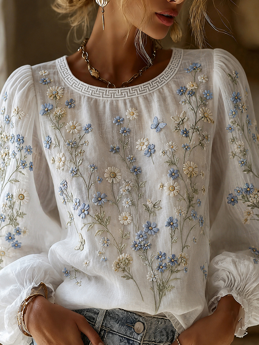 Damen-Top aus Baumwolle-Leinen im Vintage-Stil mit floraler Kunstprint-Optik-Mode & Komfort