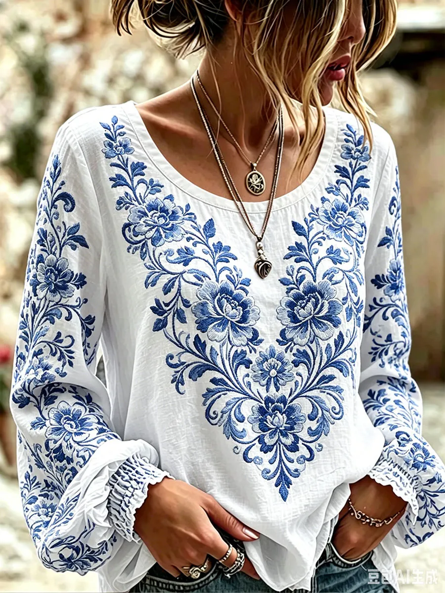 Damen-T-Shirt in Blau und Weiß mit Blumenmuster, lässiger Stil-Mode & Komfort