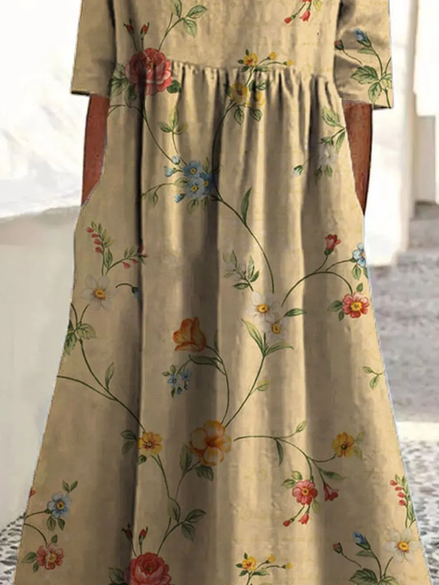 Damen Vintage Blumen Kunst Druck Taschen Baumwollkleid-Mode & Komfort