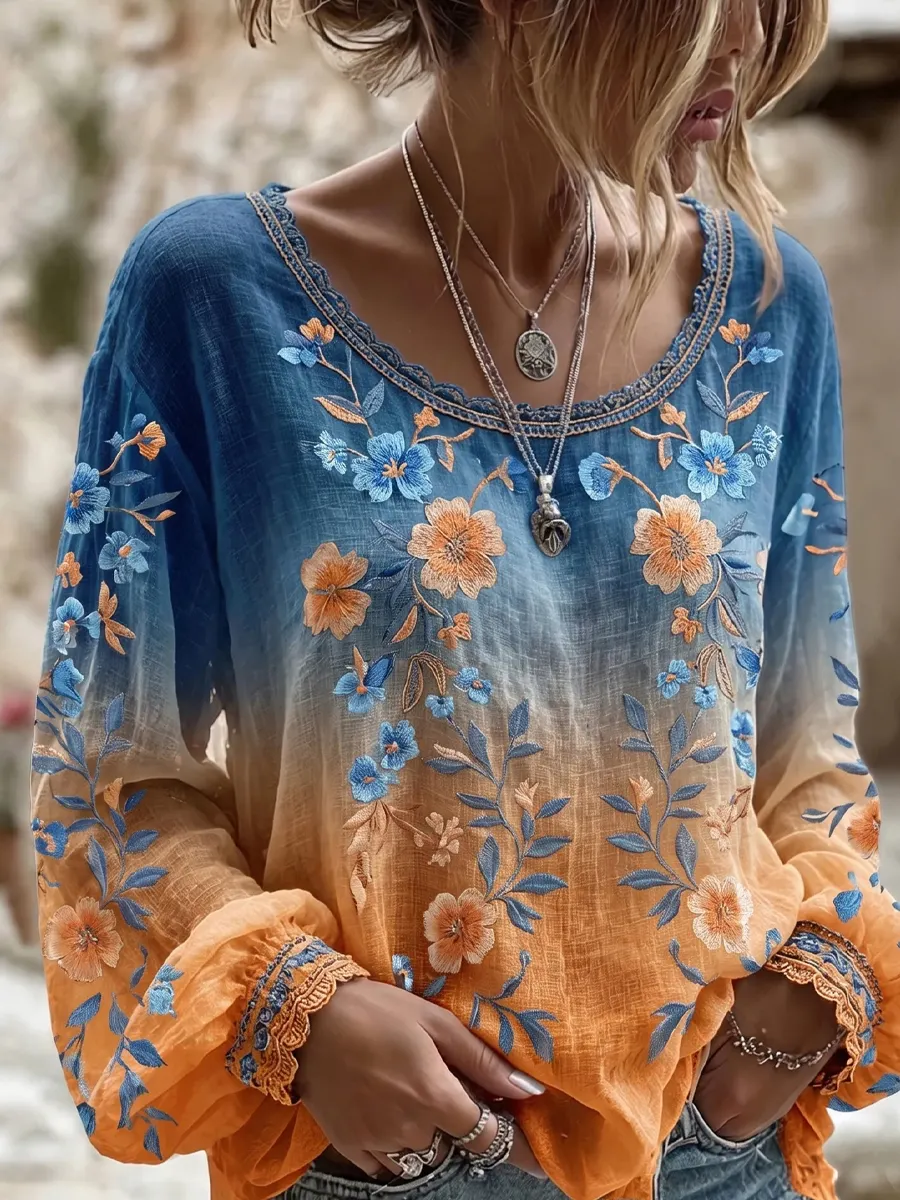 Damen-Top im Vintage-Stil mit floraler Kunstprint-Optik, aus Baumwolle und Leinen, lässig-Mode & Komfort