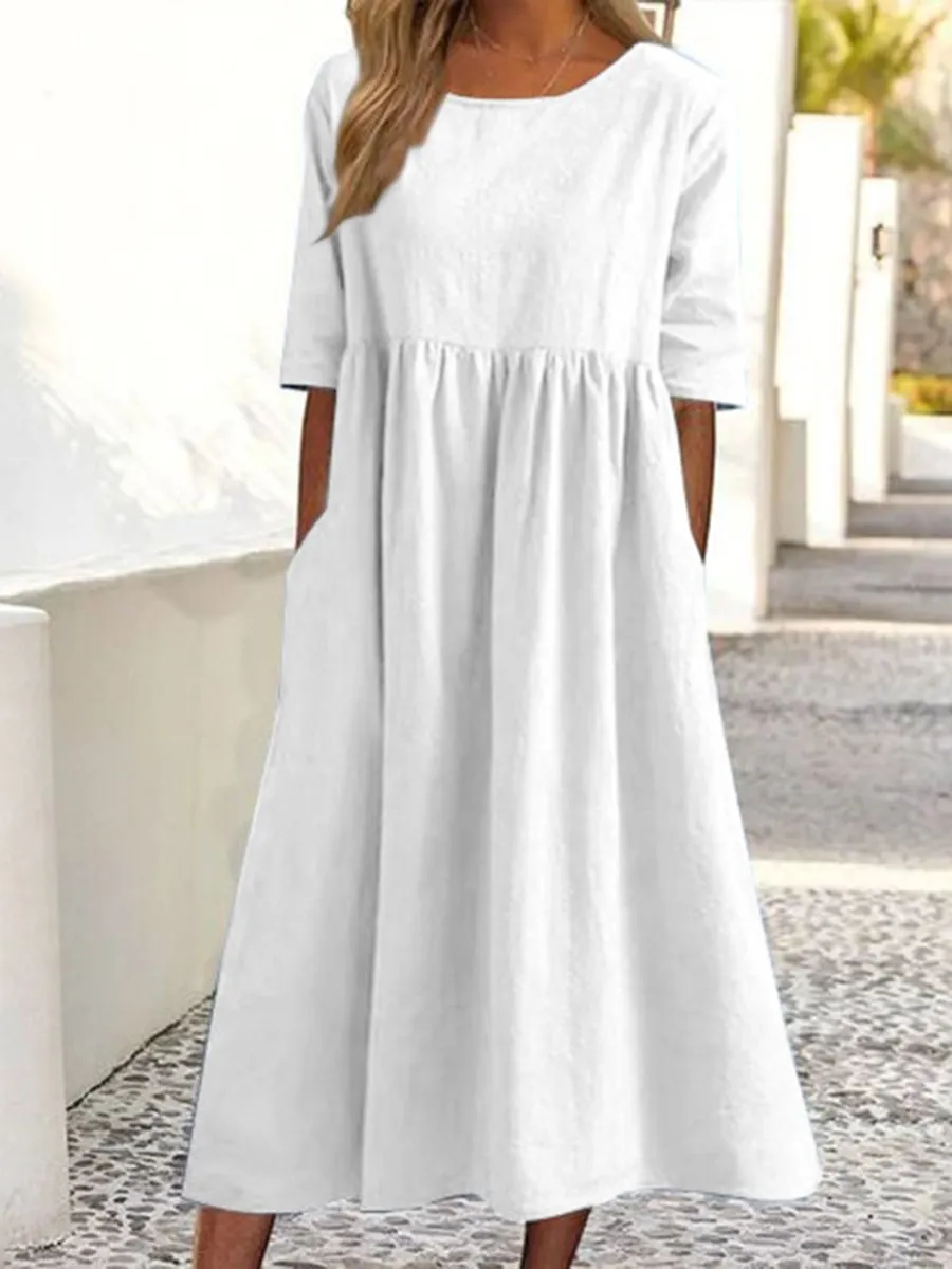 5-viertelarmiges lässiges lockeres einfarbiges Baumwoll- und Leinenkleid-Mode & Komfort