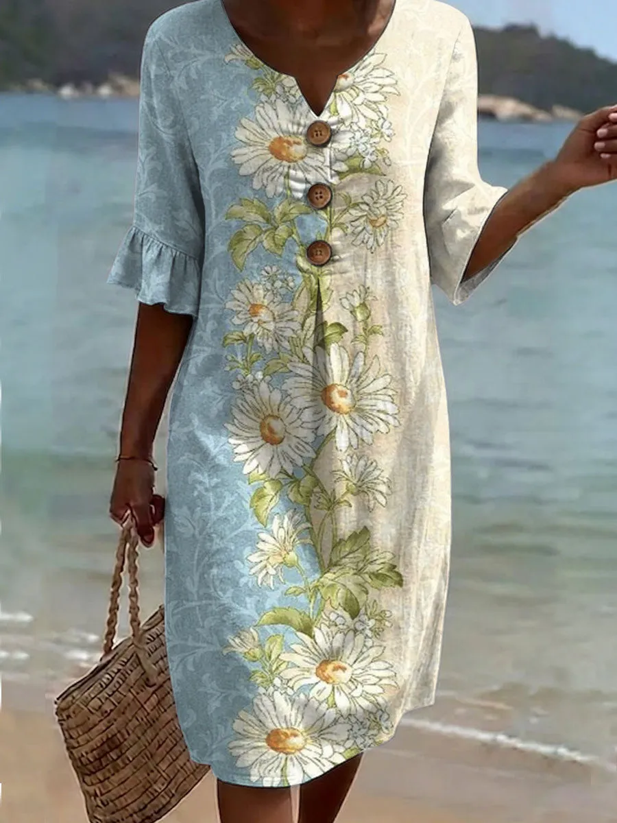 Lässiges Baumwollkleid im Vintage-Stil mit Blumenmuster für Damen, mit Knopfleiste
