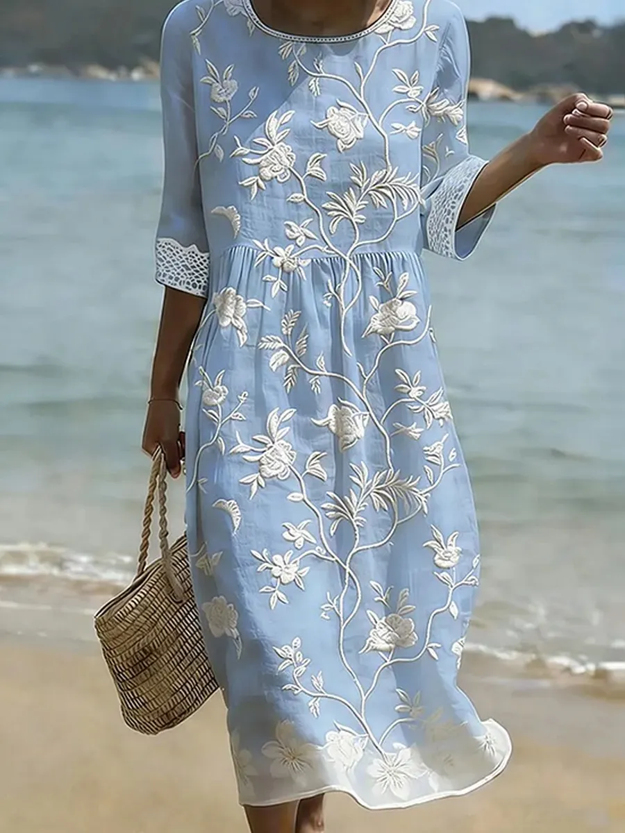 Damen-Vintage-Midi-Kleid im Boho-Stil aus Baumwolle und Leinen mit floraler Blumenmuster-Optik-Mode & Komfort