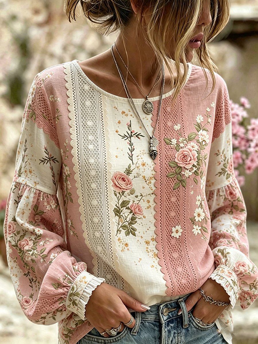 Damen-Top im Vintage-Stil mit floraler Kunstprint-Optik, aus Baumwolle und Leinen, lässig-Mode & Komfort
