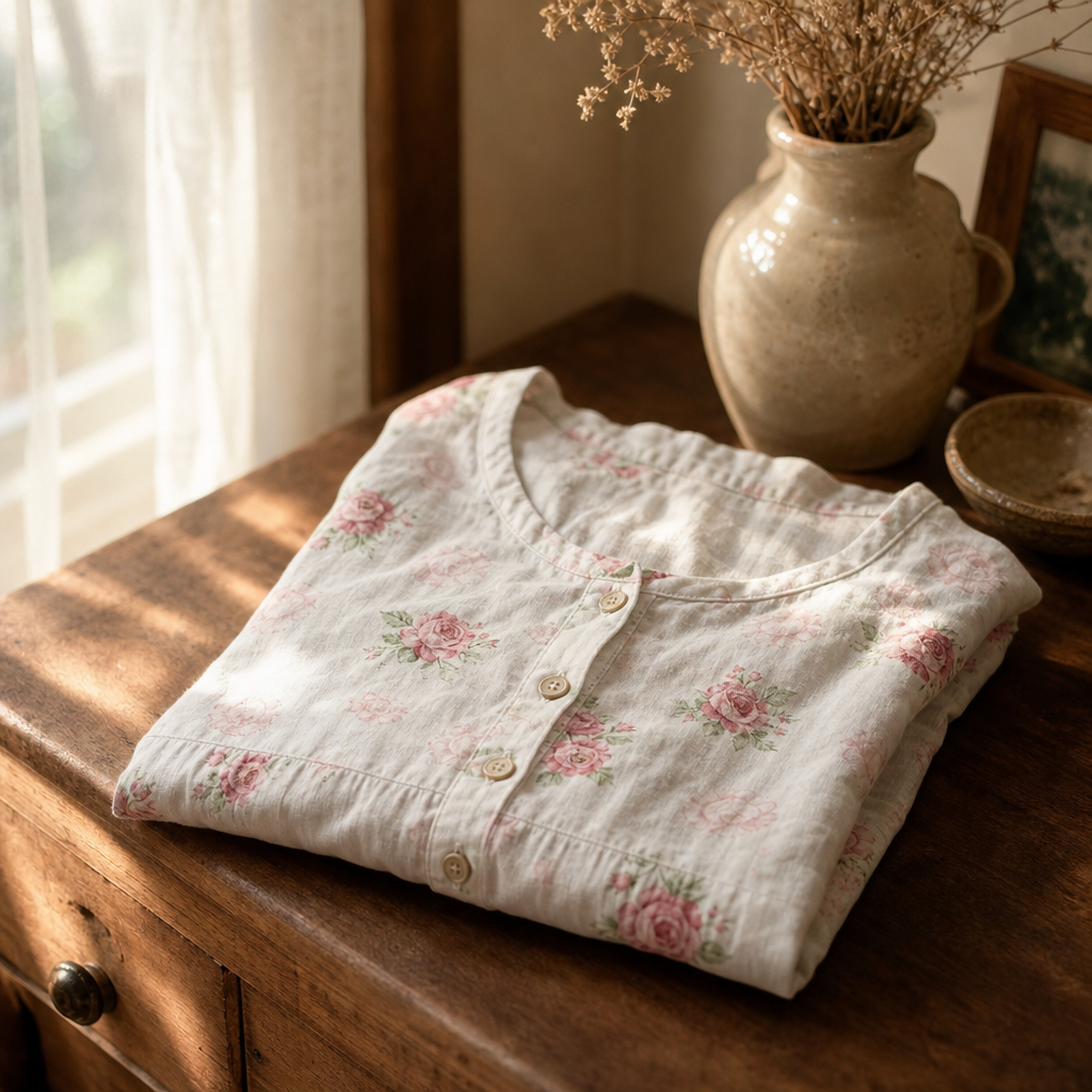 Woman in linen top, showcasing the fabric's movement and drape