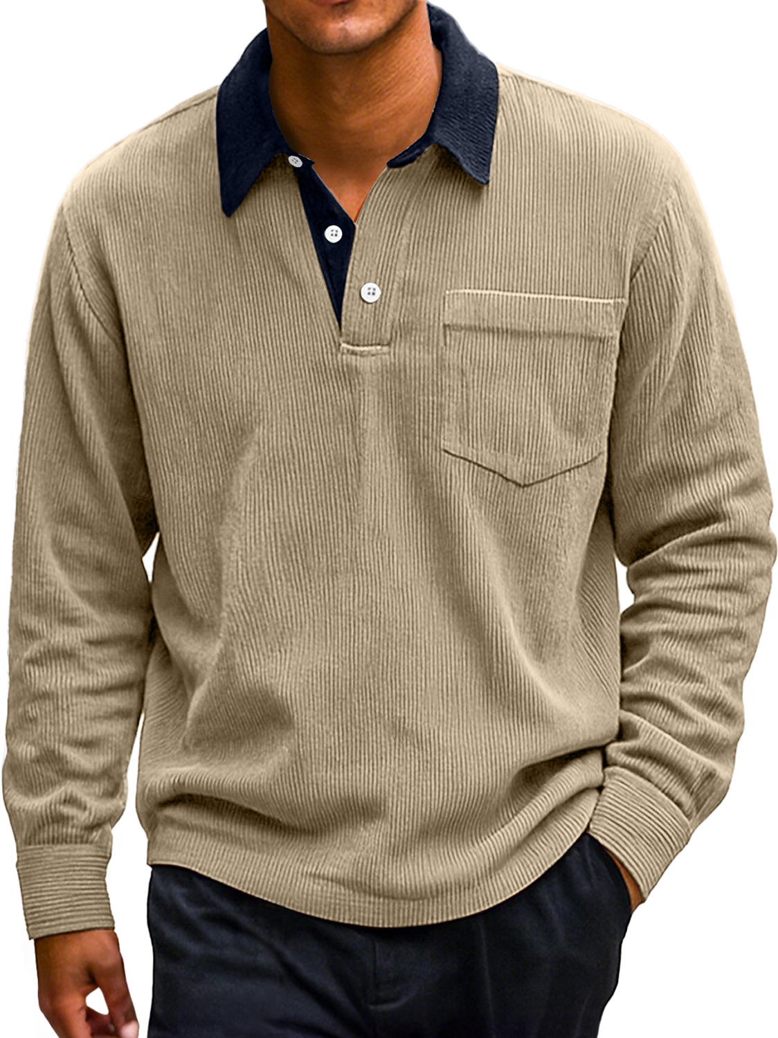 Lässiges Poloshirt mit langen Ärmeln und Retro-Cord-Revers im Colorblock-Stil für Herren-deurabatt