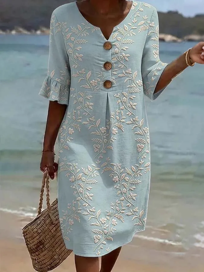 Lässiges Baumwollkleid im Vintage-Stil mit Blumenmuster für Damen, mit Knopfleiste