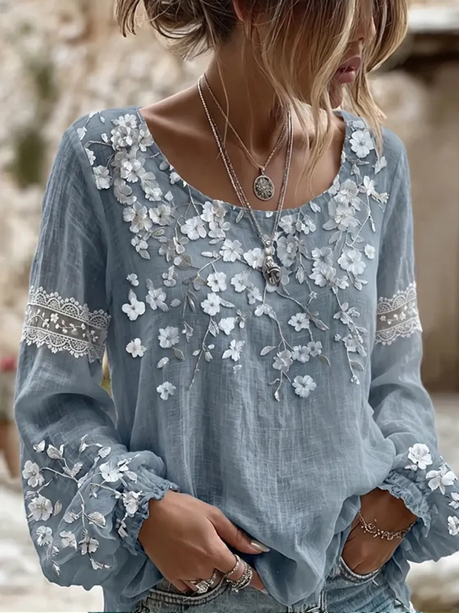 Damen-Top im Vintage-Stil mit floraler Kunstprint-Optik, aus Baumwolle und Leinen, lässig-Mode & Komfort
