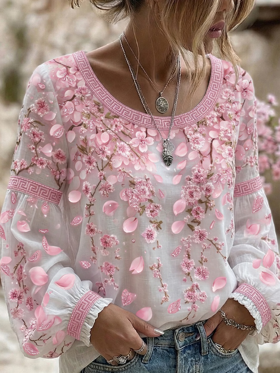 Damen-Top im Vintage-Stil mit floraler Kunstprint-Optik, aus Baumwolle und Leinen, lässig-Mode & Komfort