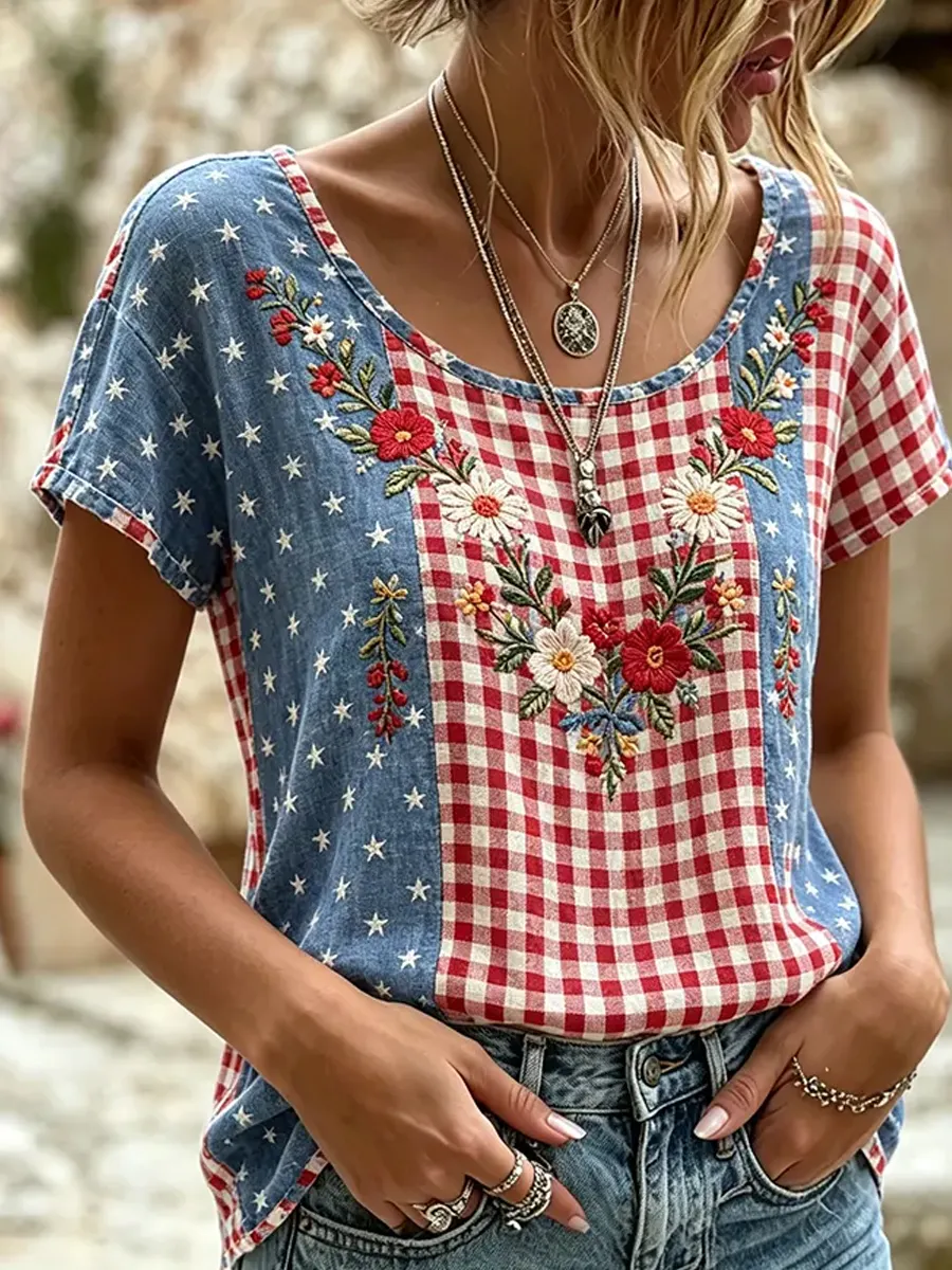 Damen Vintage Blumenkunstdruck Freizeit-T-Shirt-Mode & Komfort