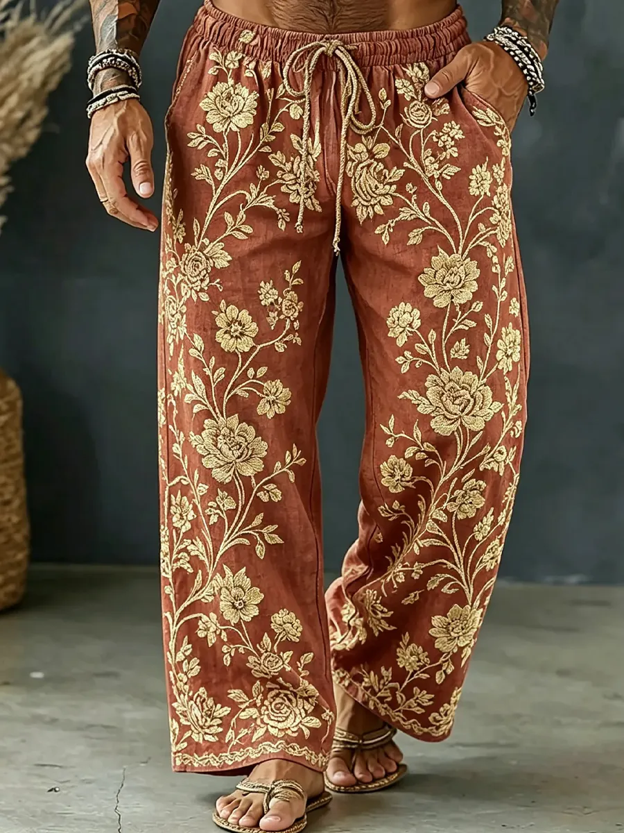 Herren-Top im Vintage-Stil mit abstraktem Kunstprint, lässig, aus Baumwolle und Leinen, langgeschnitten-Mode & Komfort