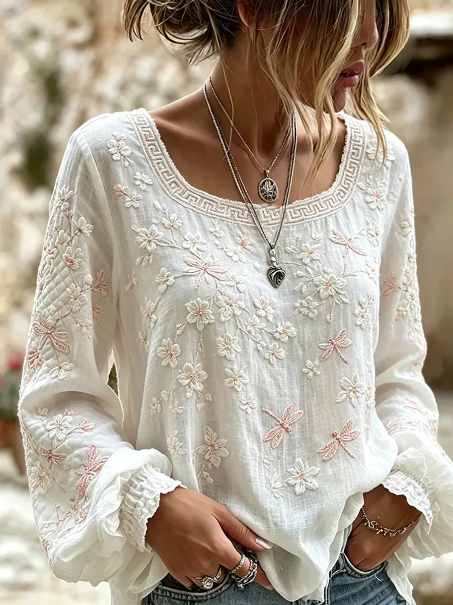 Damen-Top im Vintage-Stil mit floraler Kunstprint-Optik, aus Baumwolle und Leinen, lässig-Mode & Komfort