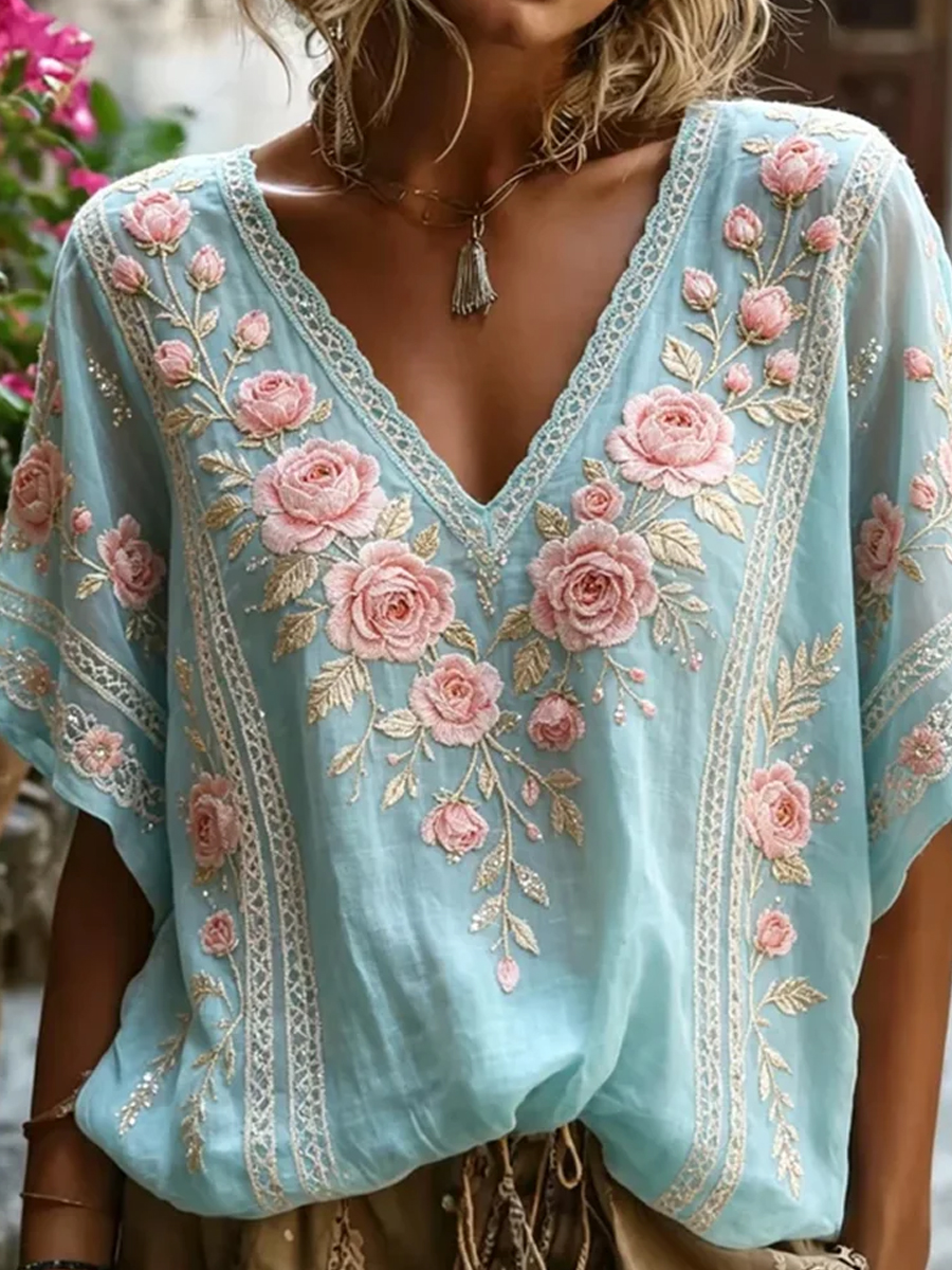 Damen-Top im Vintage-Stil mit floraler Kunstprint-Optik, aus Baumwolle und Leinen, lässig-Mode & Komfort