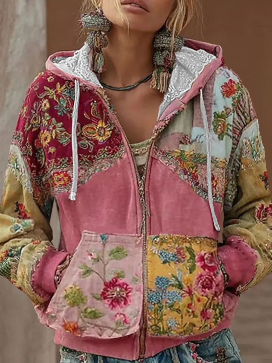 Damenrosa lässiges Oberteil mit Blumenmuster und Reißverschluss-Mode & Komfort