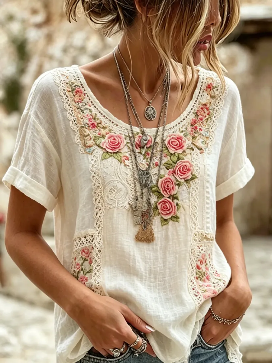 Damen Vintage Blumenkunstdruck Freizeit-Top-Mode & Komfort