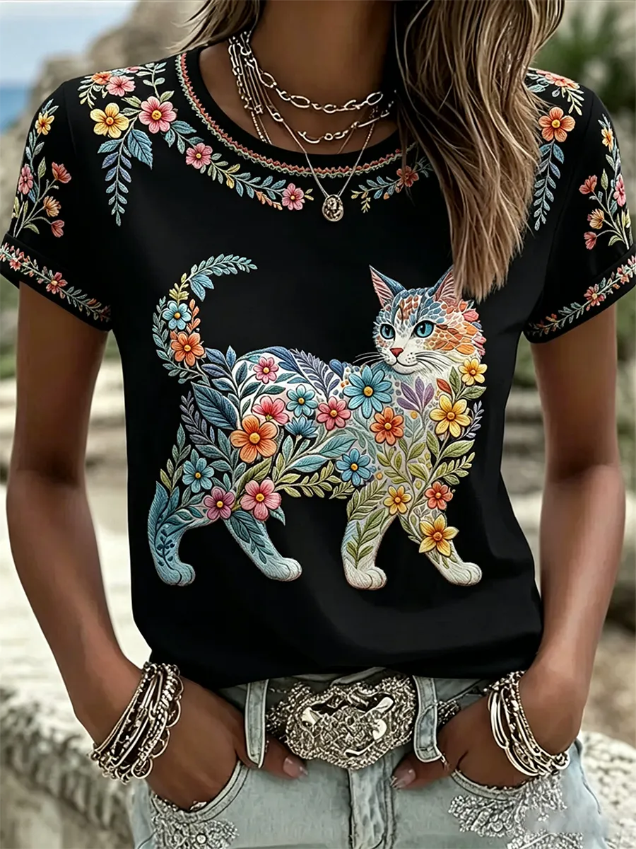 Damen-Floral-Katzen-Print-Casual-T-Shirt-Mode & Komfort