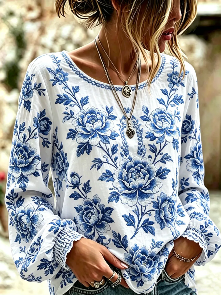 Damen-T-Shirt in Blau und Weiß mit Blumenmuster, lässiger Stil-Mode & Komfort