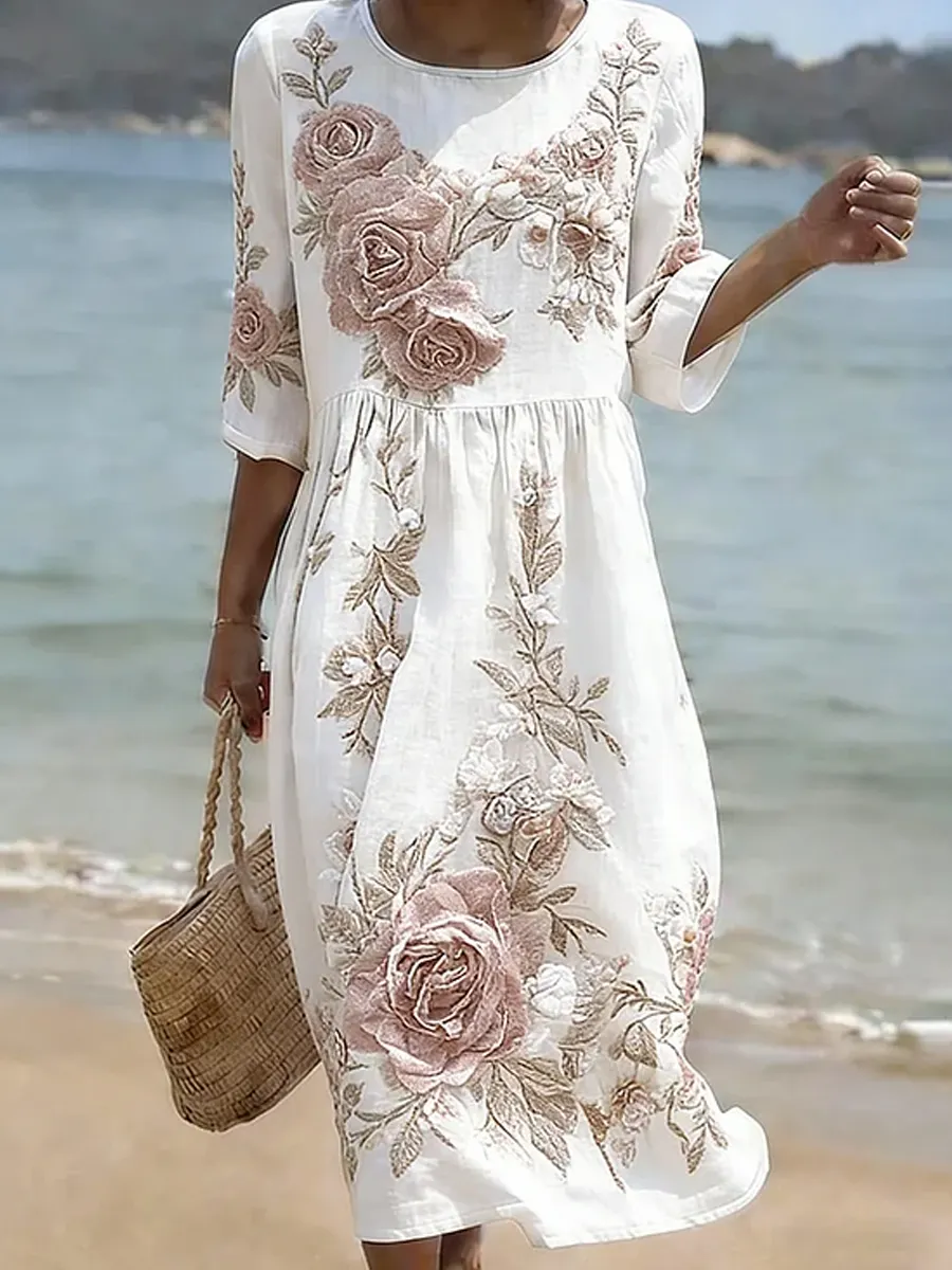 Damen-Vintage-Midi-Kleid im Boho-Stil aus Baumwolle und Leinen mit floraler Blumenmuster-Optik-Mode & Komfort