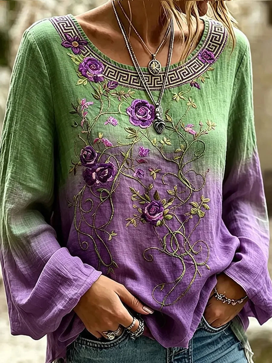 Damen-Top im Vintage-Stil mit floraler Kunstprint-Optik, aus Baumwolle und Leinen, lässig-Mode & Komfort