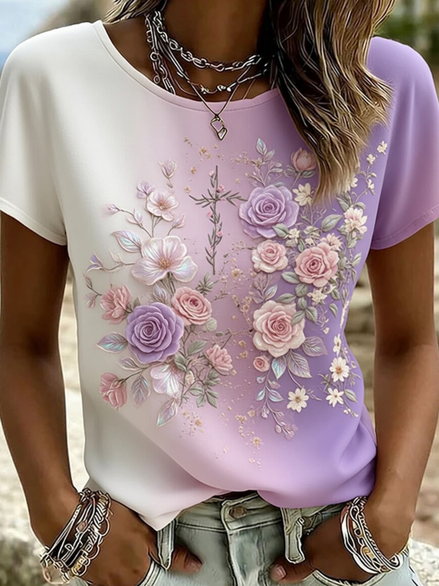 Retro Blumenkunstdruck Lässiges & bequemes T-Shirt-Mode & Komfort