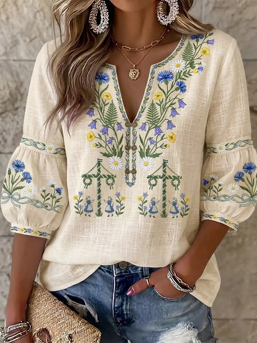 Schwedische Damen-Vintage-Schwedische Mittsommer-Bluse mit Blumen druck aus Baumwolle-Mode & Komfort