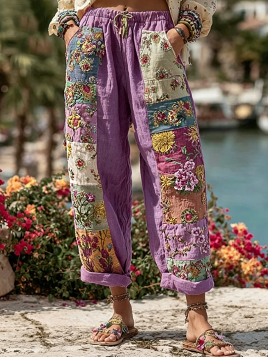 Damenhose im Boho-Stil mit floraler Stickerei, Kontrastfarben und Leinenanteil, lässig-Mode & Komfort
