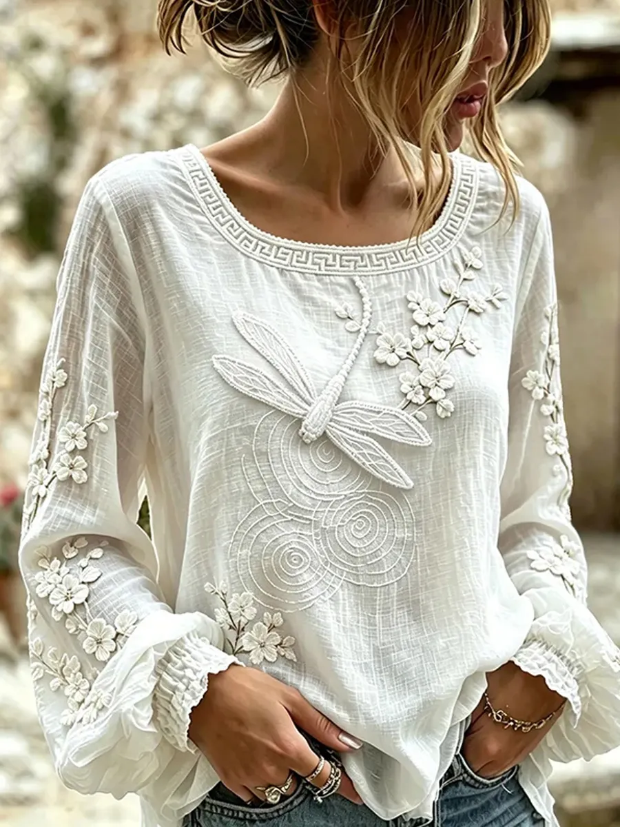 Damen-Top im Vintage-Stil mit floraler Kunstprint-Optik, aus Baumwolle und Leinen, lässig-Mode & Komfort