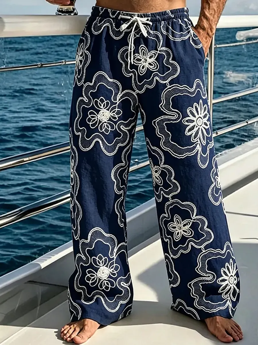 Herren-Top im Vintage-Stil mit abstraktem Kunstprint, lässig, aus Baumwolle und Leinen, langgeschnitten-Mode & Komfort