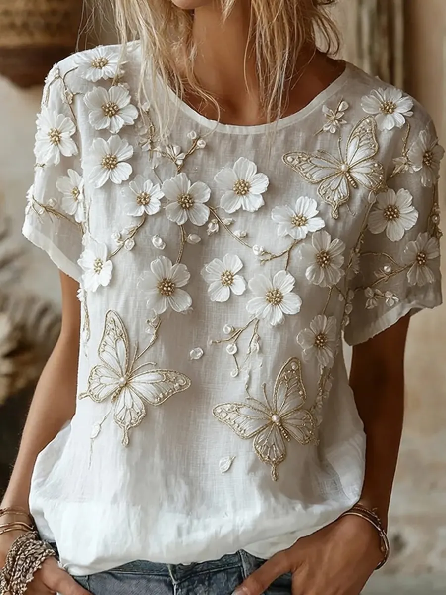 Damen-Retro-Top mit floraler Kunstprint-Optik, aus Baumwolle und Leinen, lässig-Mode & Komfort