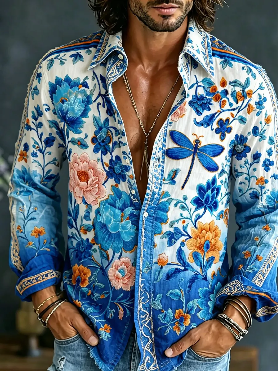 Herren-Retro-Shirt mit abstraktem Kunstprint, lässig, aus Baumwolle-Leinen-Mischgewebe-Mode & Komfort