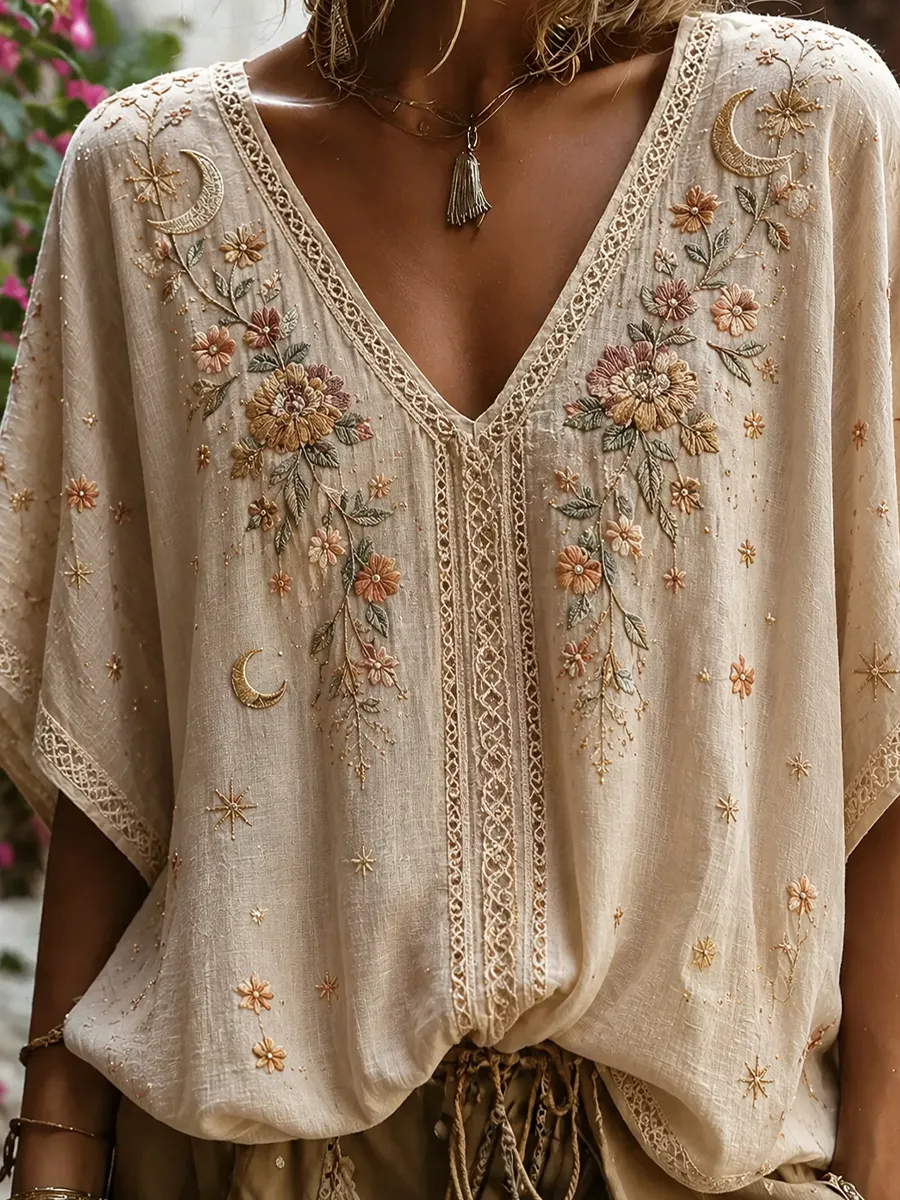 Damen-Top aus Baumwolle-Leinen im Vintage-Stil mit floraler Kunstprint-Optik-Mode & Komfort