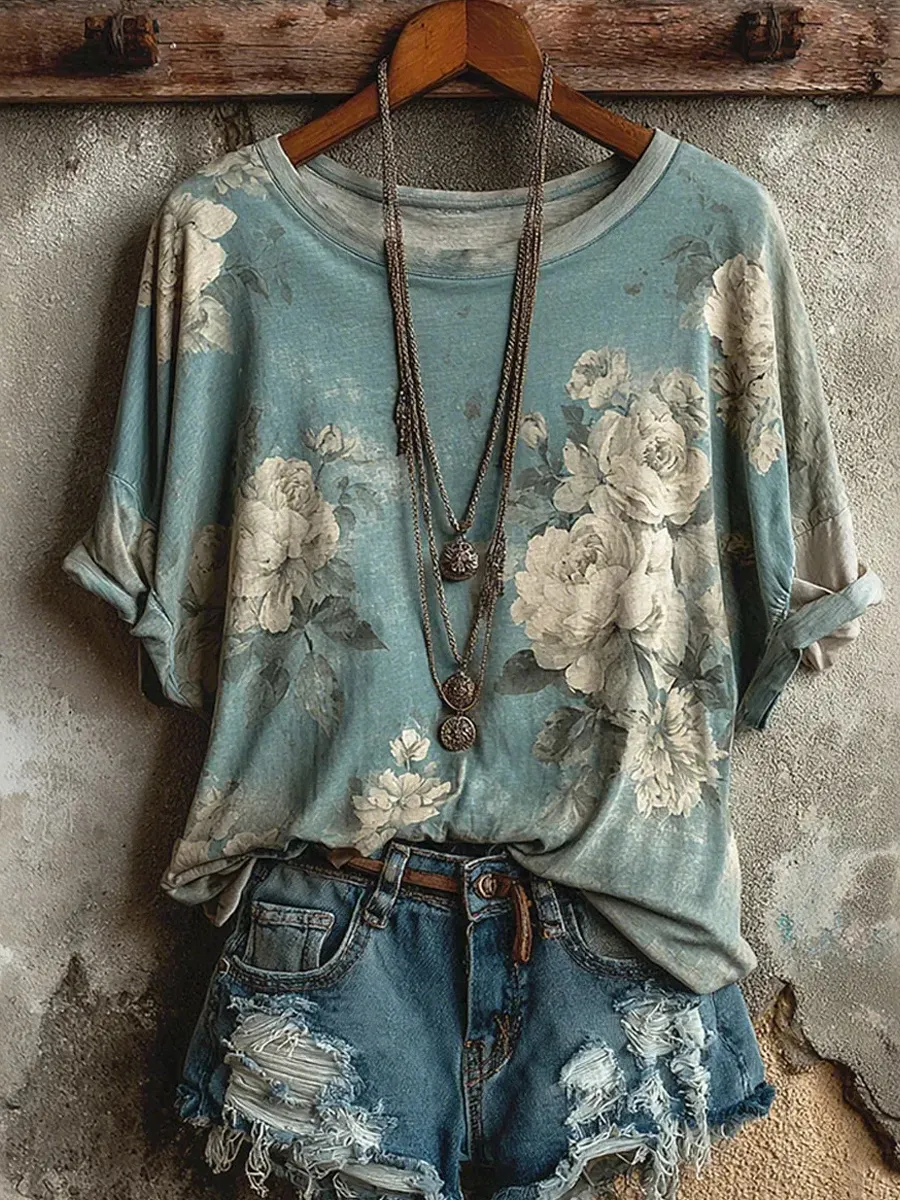 Damen-Comfort-T-Shirt mit vintage Blumenkunstdruck-Mode & Komfort