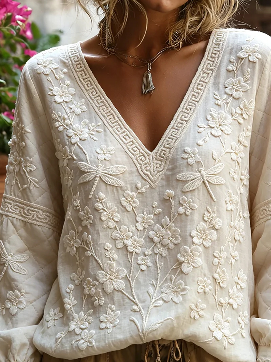 Damen-Top im Vintage-Stil mit floraler Kunstprint-Optik, aus Baumwolle und Leinen, lässig-Mode & Komfort