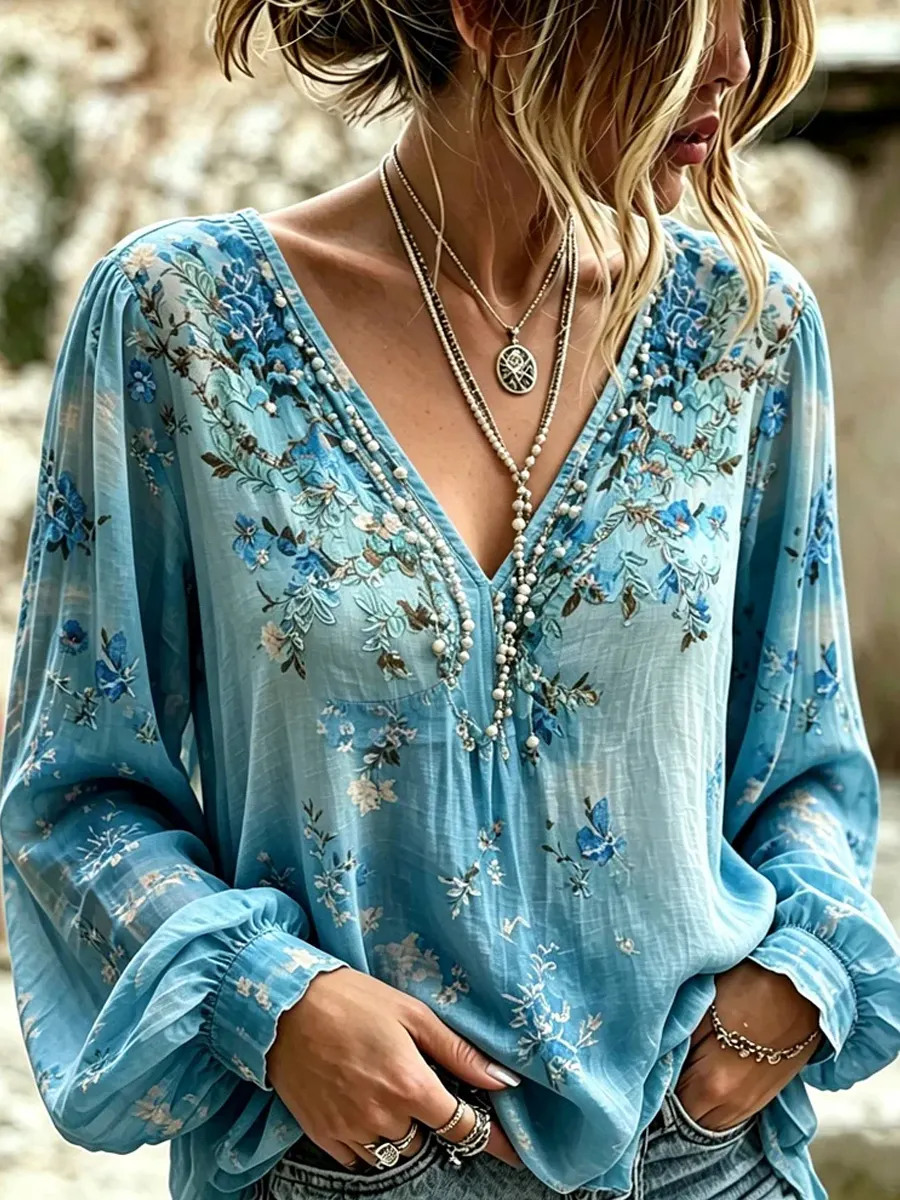Damen-Top im Vintage-Stil mit floraler Kunstprint-Optik, aus Baumwolle und Leinen, lässig-Mode & Komfort