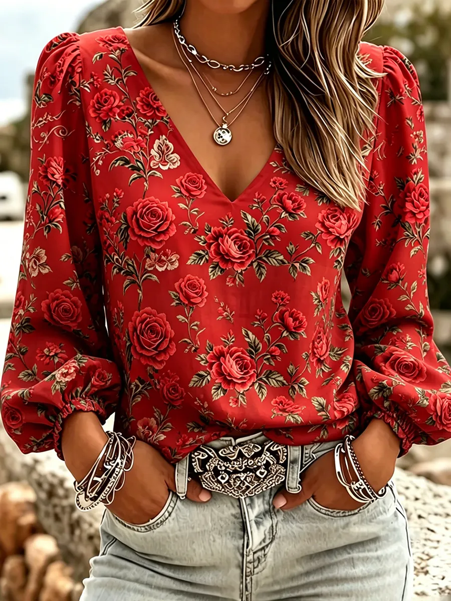Damen-Retro-Top mit floraler Kunstprint, lässig, V-Ausschnitt, bequem aus Baumwolle-Leinen-Mischgewebe-Mode & Komfort