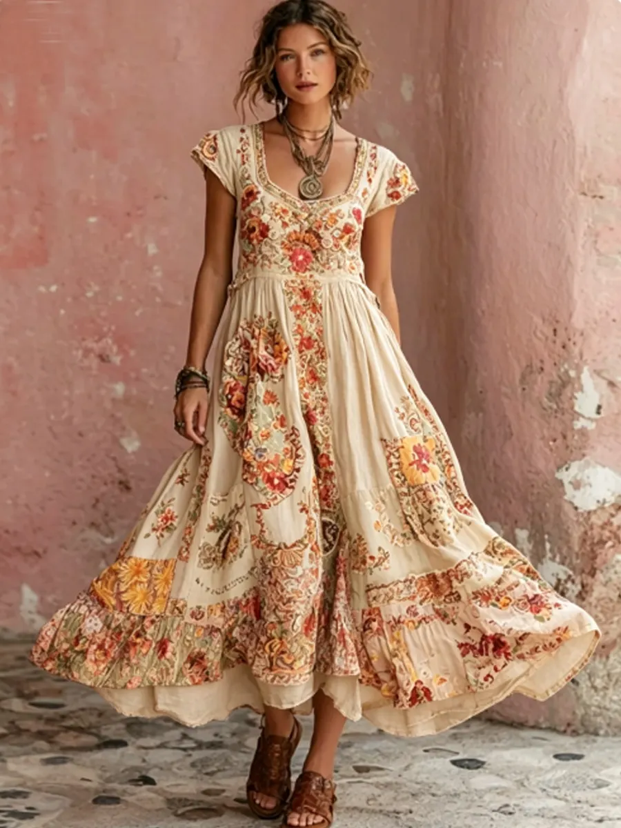 Damen-Boho-Floralstickerei Kunst Rundhalsausschnitt Kurzarm Midi-Kleid-Mode & Komfort