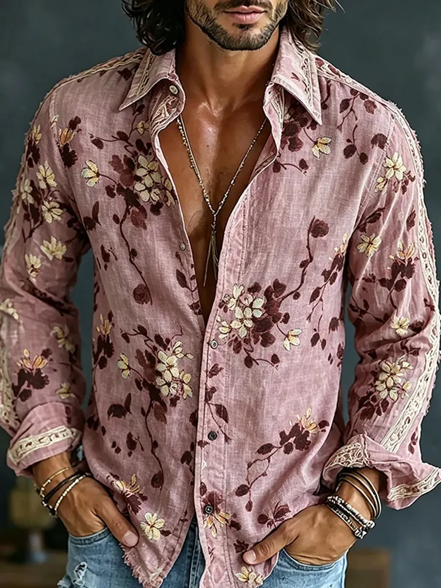 Herren-Retro-Shirt mit abstraktem Kunstprint, lässig, aus Baumwolle-Leinen-Mischgewebe-Mode & Komfort