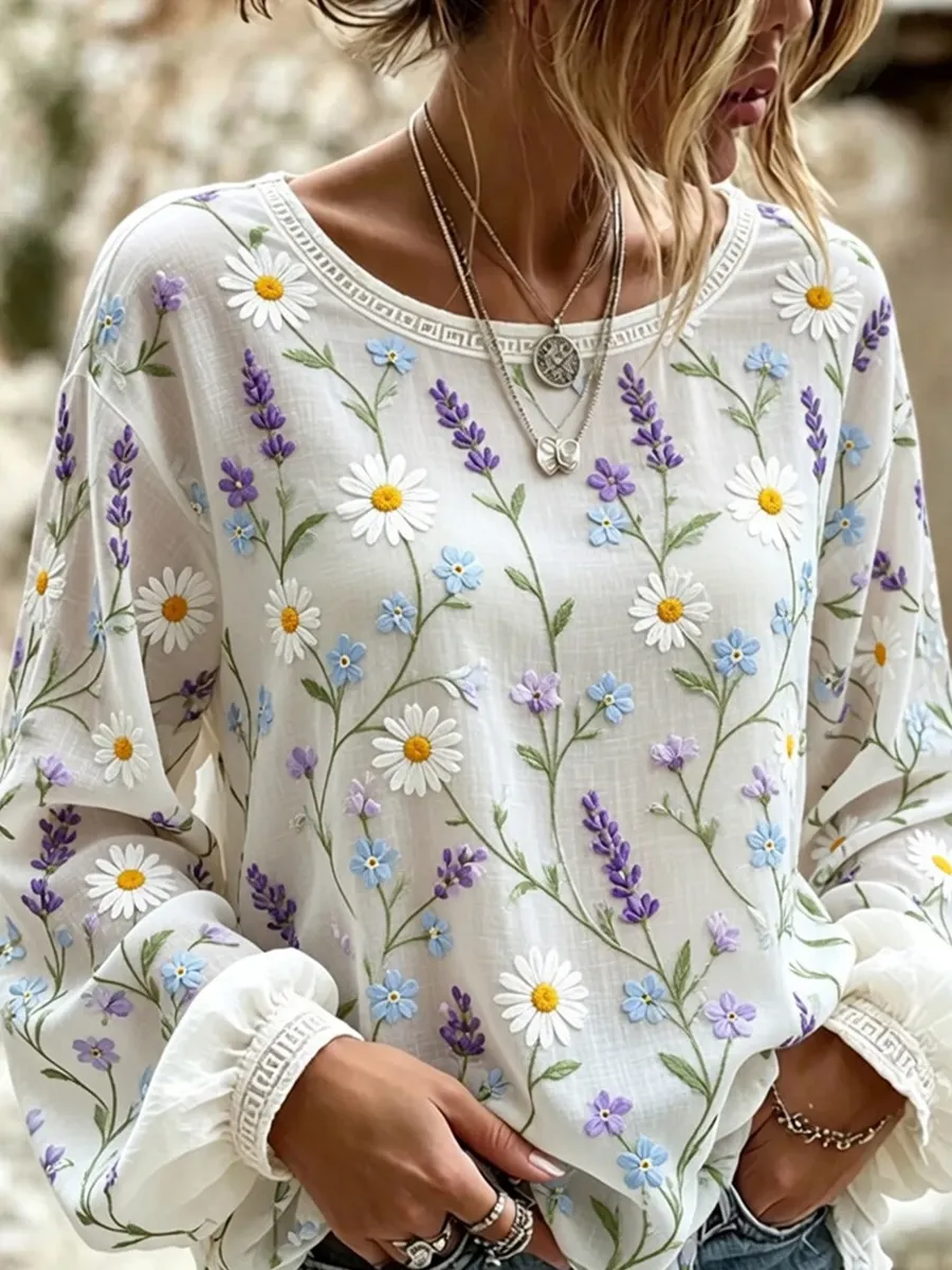 Damen-Top im Vintage-Stil mit floraler Kunstprint-Optik, aus Baumwolle und Leinen, lässig-Mode & Komfort
