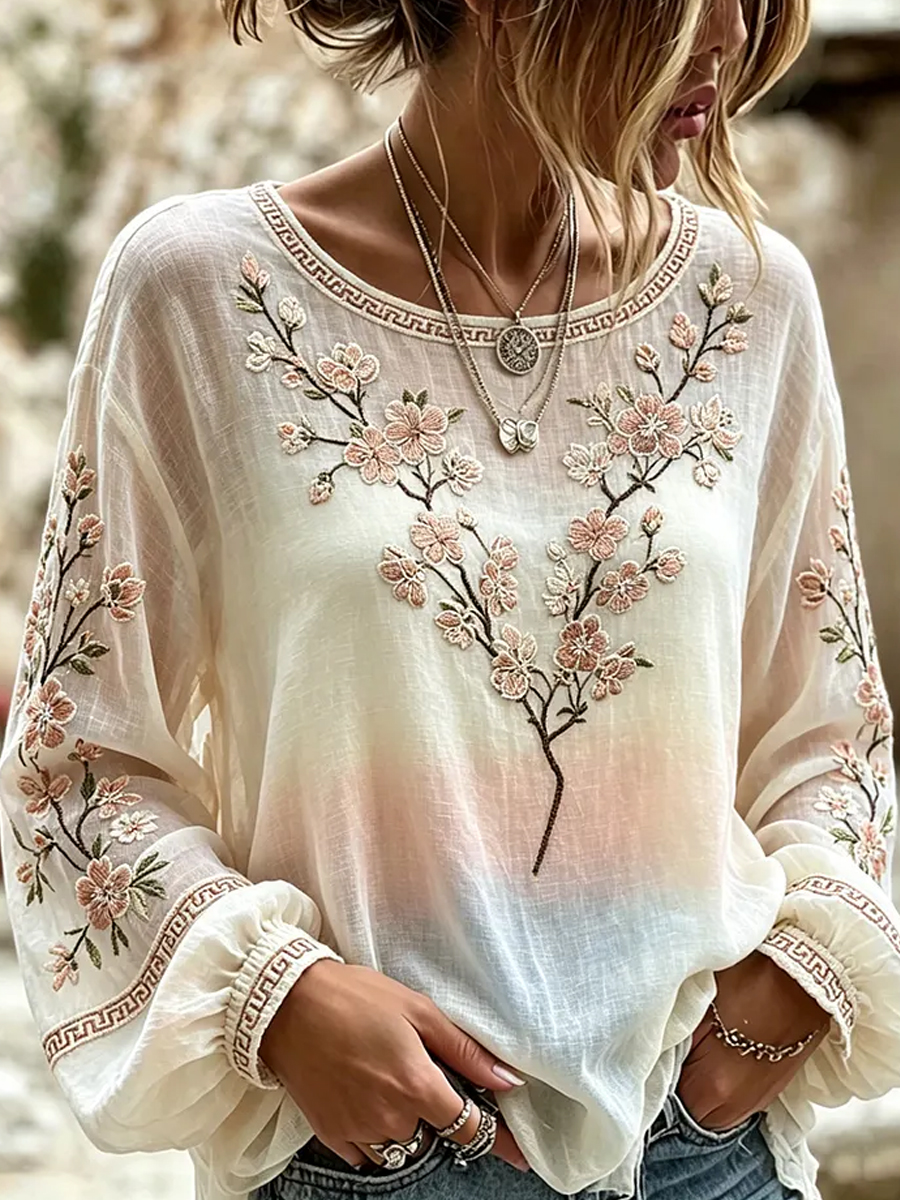 Damen-Top im Vintage-Stil mit floraler Kunstprint-Optik, aus Baumwolle und Leinen, lässig-Mode & Komfort