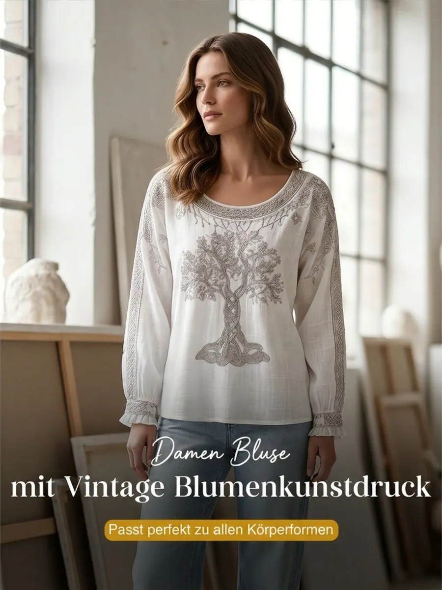 Damen-Top im Vintage-Stil mit floraler Kunstprint-Optik, aus Baumwolle und Leinen, lässig-Mode & Komfort