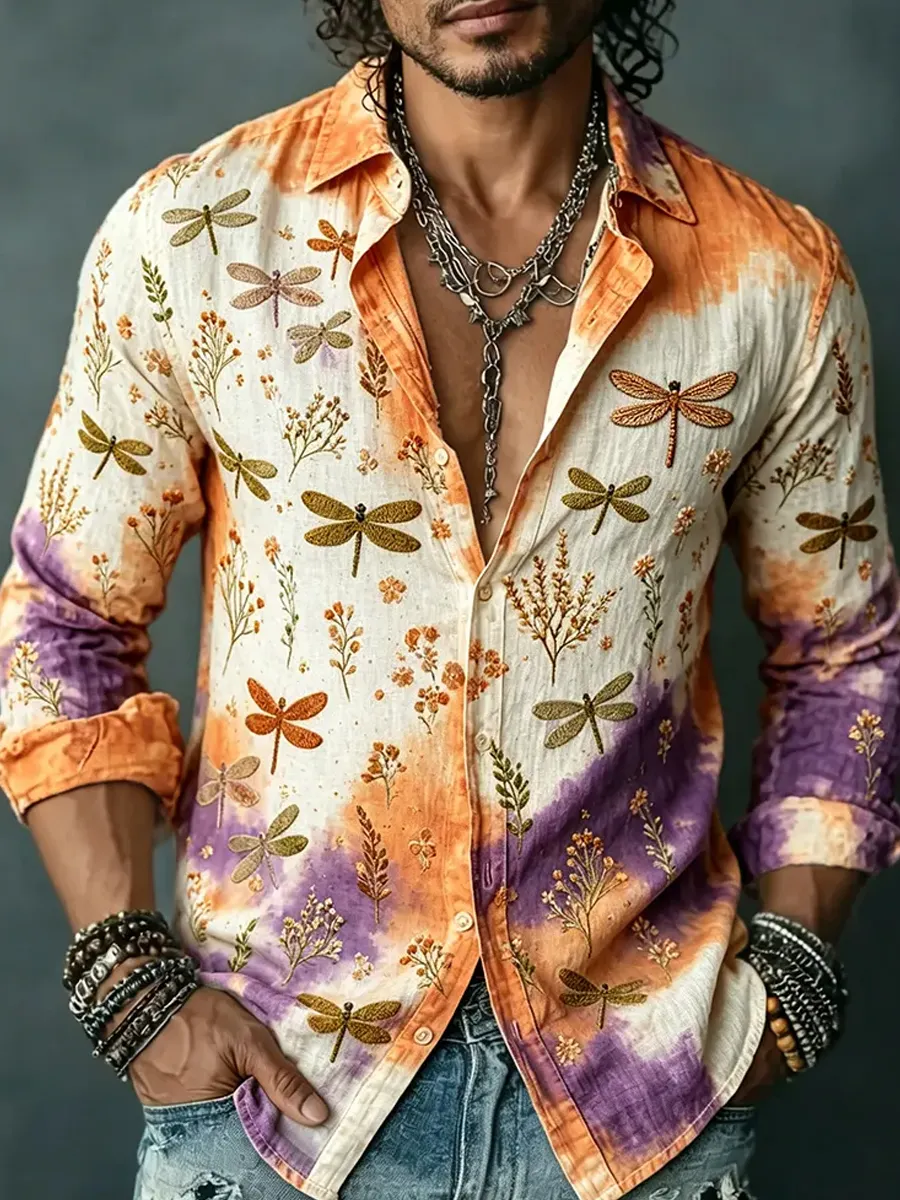 Herren-Retro-Shirt mit abstraktem Kunstprint, lässig, aus Baumwolle-Leinen-Mischgewebe-Mode & Komfort