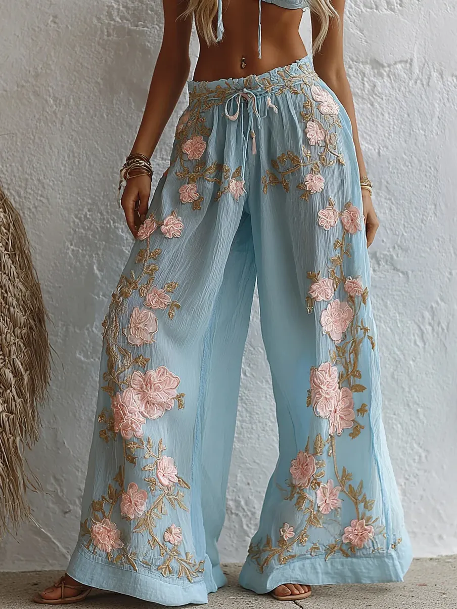 Retro Blumenkunstdruck Lässige Baumwoll-Leinen-Bequemhose-Mode & Komfort