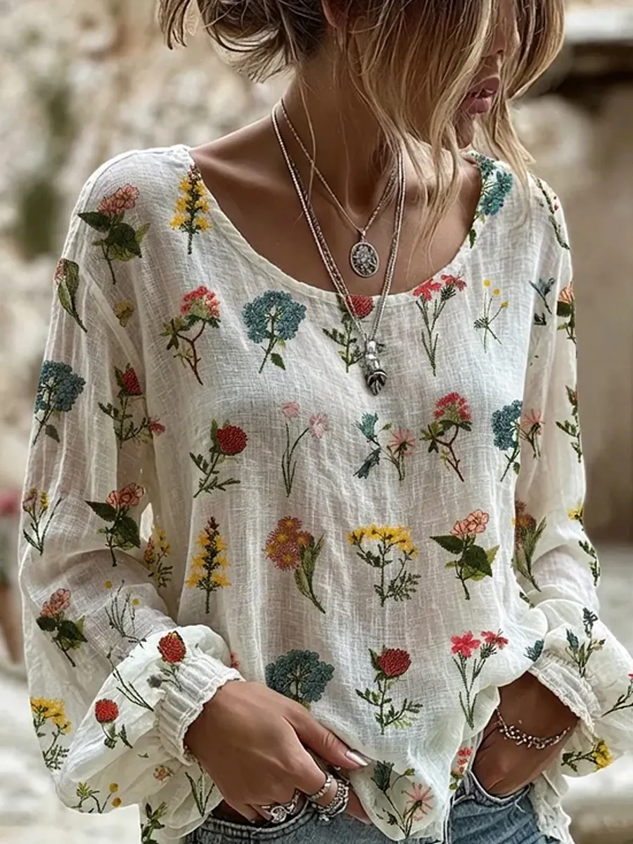Damen-Top im Vintage-Stil mit floraler Kunstprint-Optik, aus Baumwolle und Leinen, lässig-Mode & Komfort