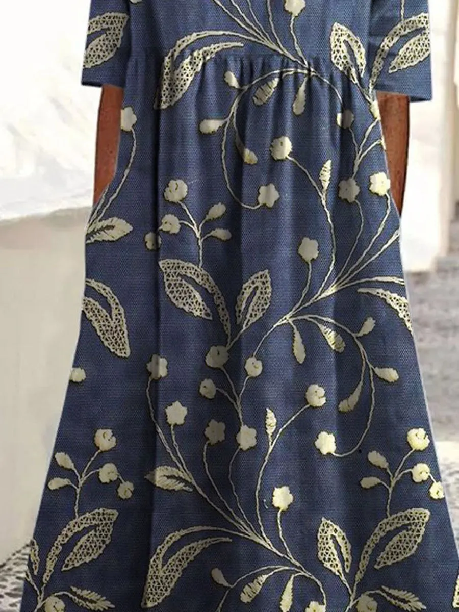 Damen Vintage Blumen Kunst Druck Taschen Baumwollkleid-Mode & Komfort