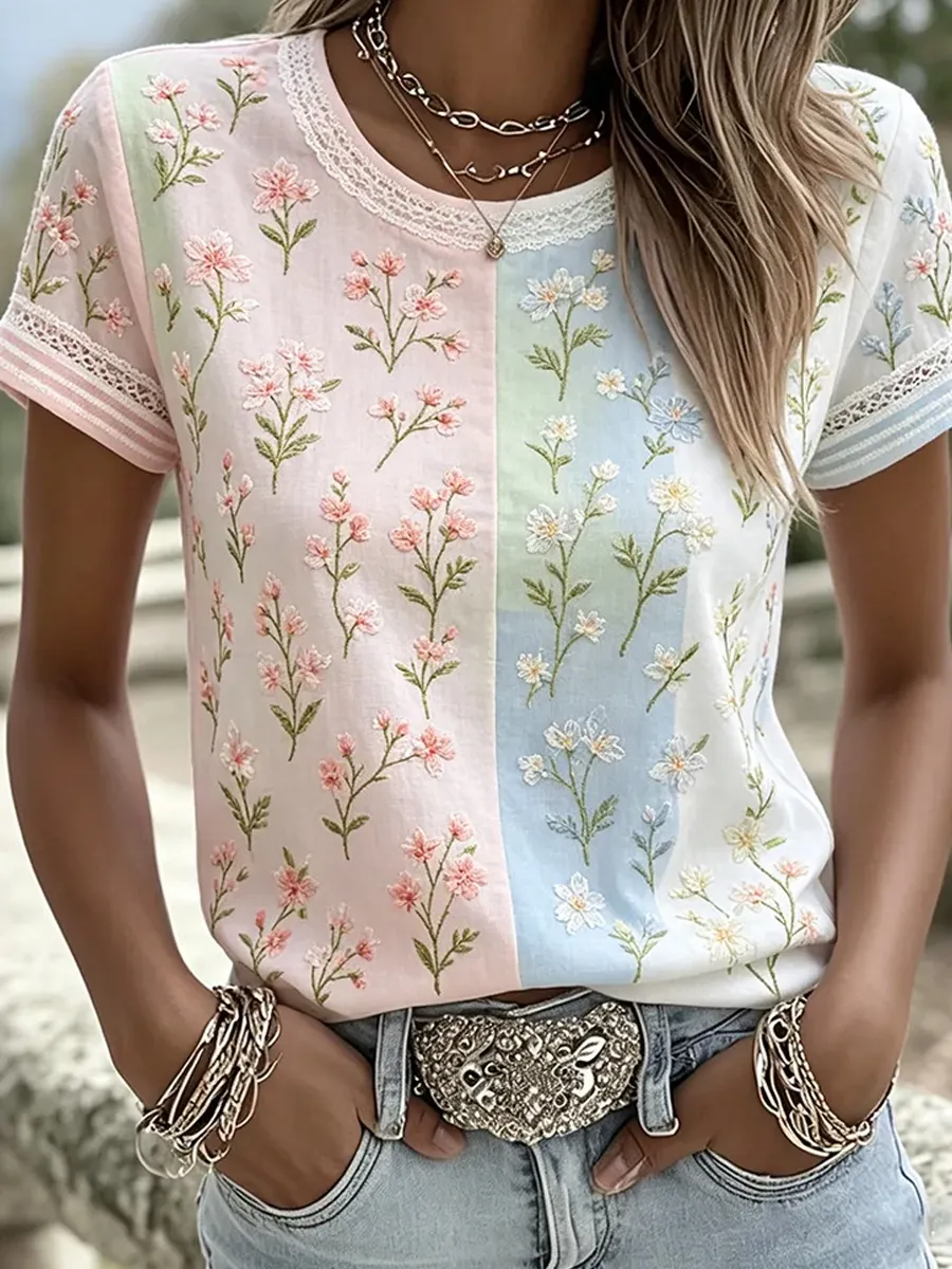 Damen Vintage Blumenkunstdruck Freizeit-Top-Mode & Komfort