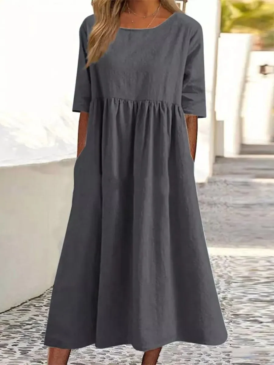 5-viertelarmiges lässiges lockeres einfarbiges Baumwoll- und Leinenkleid-Mode & Komfort