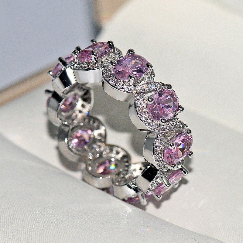 925 Sterling Silver Full Star River Pink Diamond Ring, Handmade with 266 Moissan Diamonds