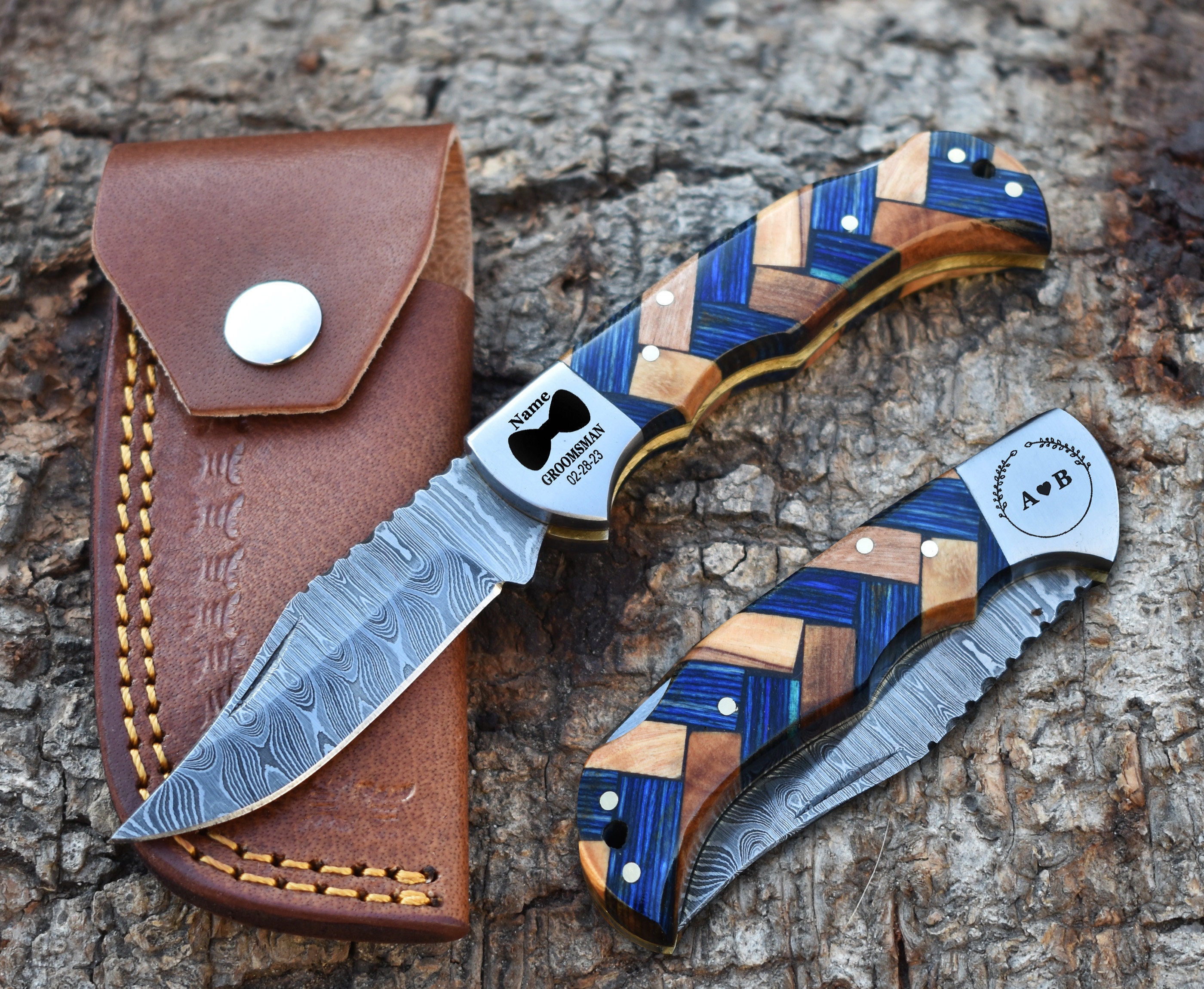 Handmade Damascus Folding Knife, Personalized Engraved Folding Knife Gift