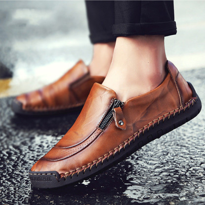 Mens Waterproof Handmade Side Zipper Casual Comfy Leather Slip On Loafers-caipcmall